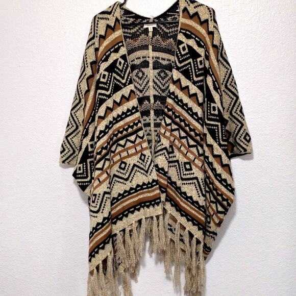Debut Aztec Boho  Poncho Cardigan Women's Sweater Size S/M‎ Brown Black White - Picture 1 of 7